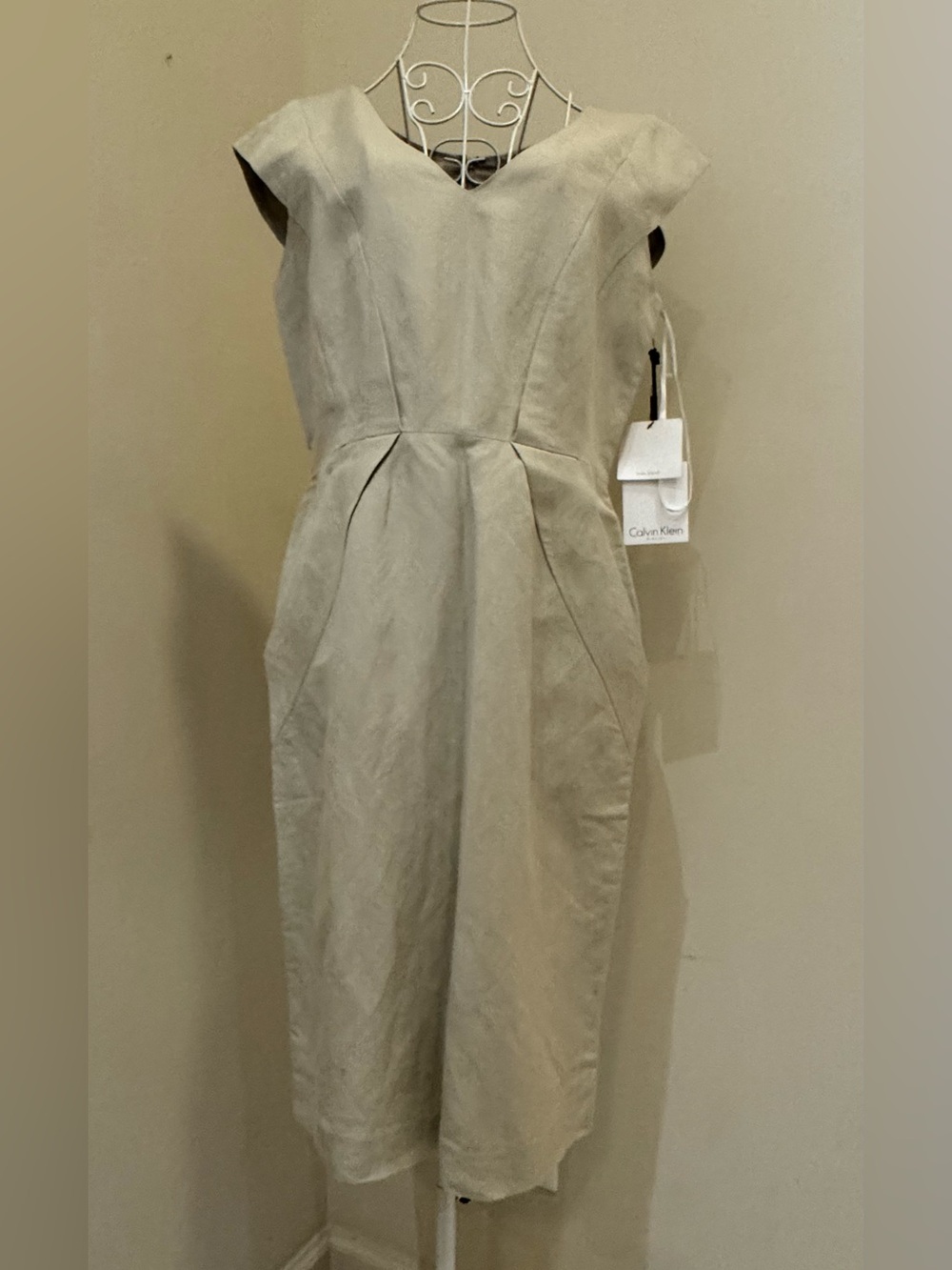Calvin Klein Beige Cap-Sleeve Sheath Linen  Dress Size 10